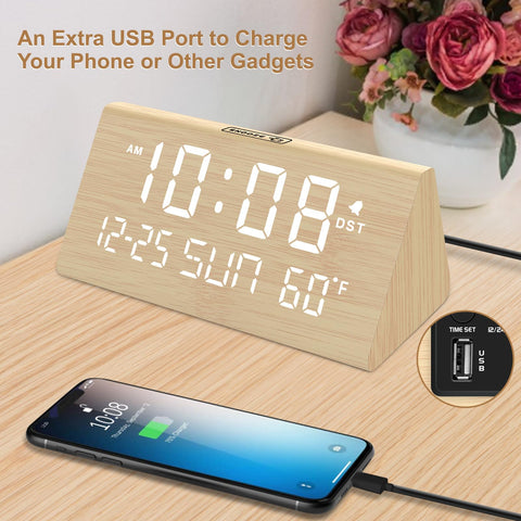DreamSky wooden alarm clock auto DST keeps time accurate without manual resets.