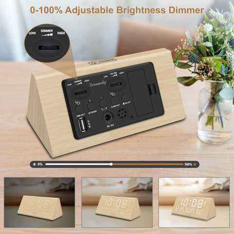 DreamSky wooden alarm clock brightness control adjusts from day to night.