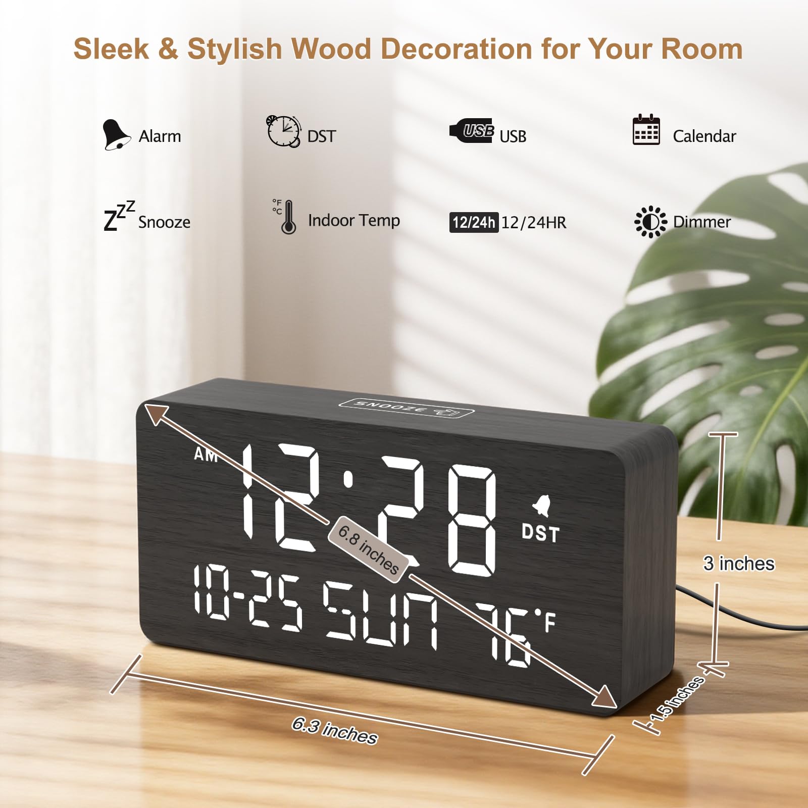 DreamSky wooden alarm clock displays date and day for quick planning.