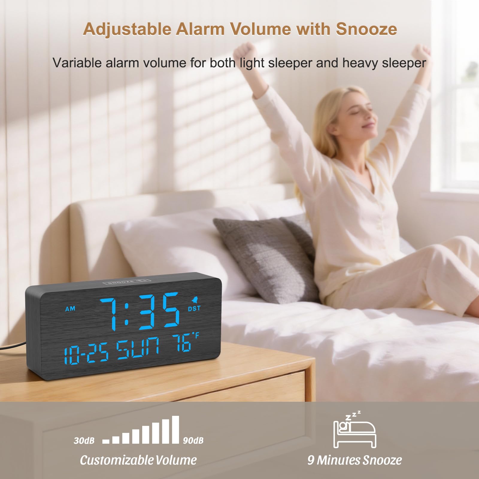 DreamSky wooden alarm clock date and day readout for daily planning