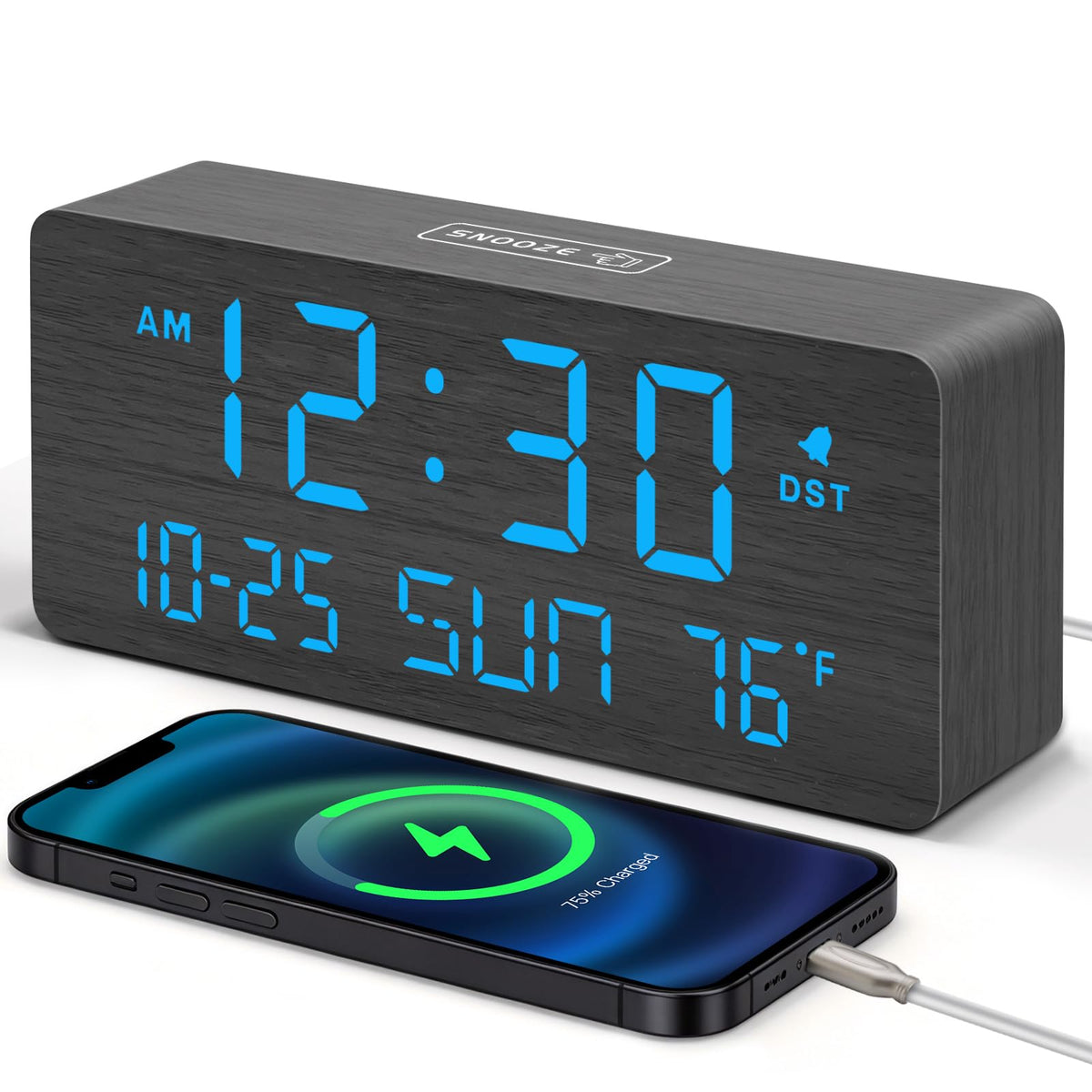 DreamSky wooden alarm clock front view with large numbers for easy readability