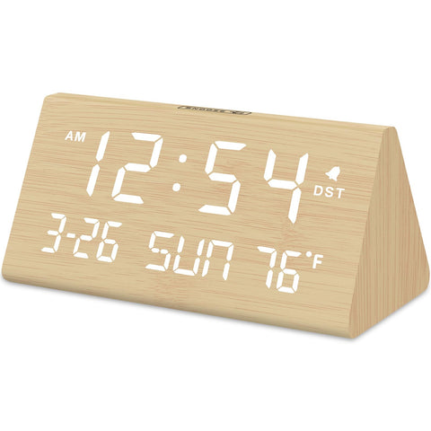 DreamSky wooden alarm clock front view with large time and date for easy bedside checks.