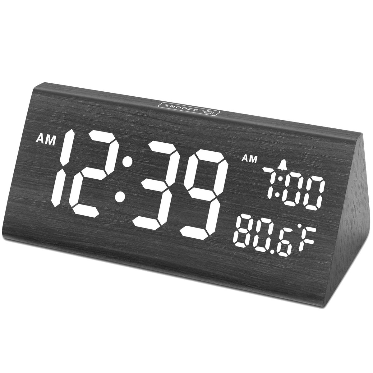 DreamSky wooden alarm clock with large numbers for easy bedside viewing at night.