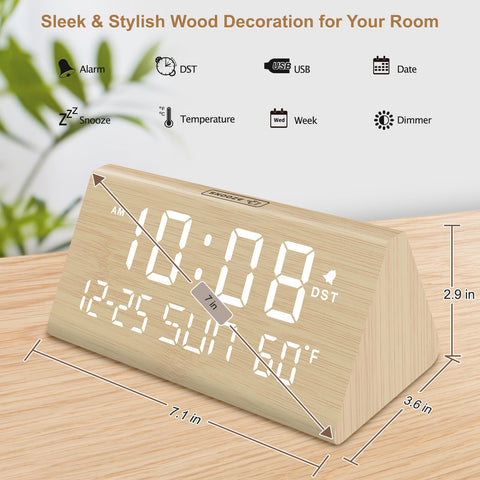DreamSky wooden desk clock with memory battery preserves settings during power cuts.