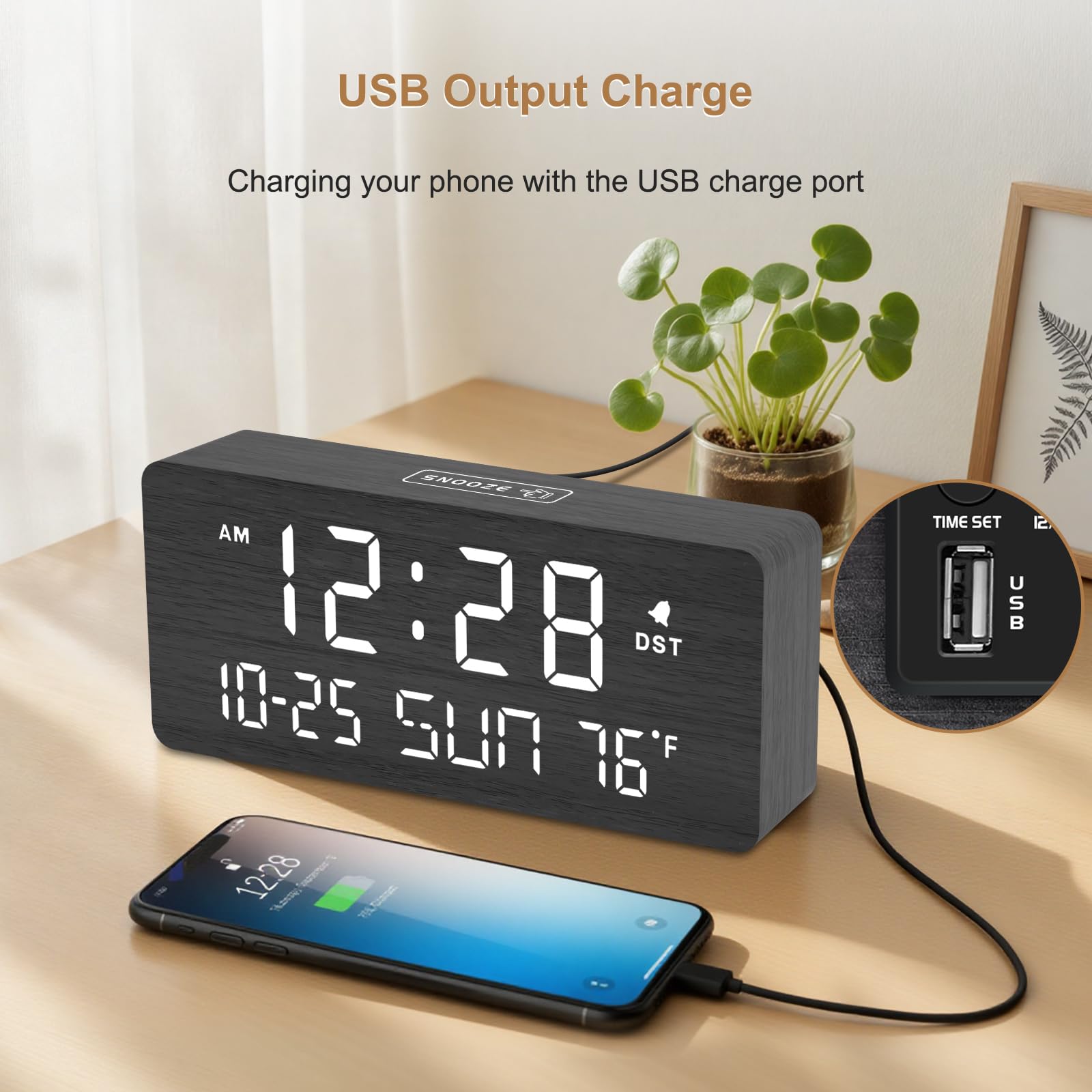 DreamSky wooden alarm clock snooze button adds quick extra minutes.