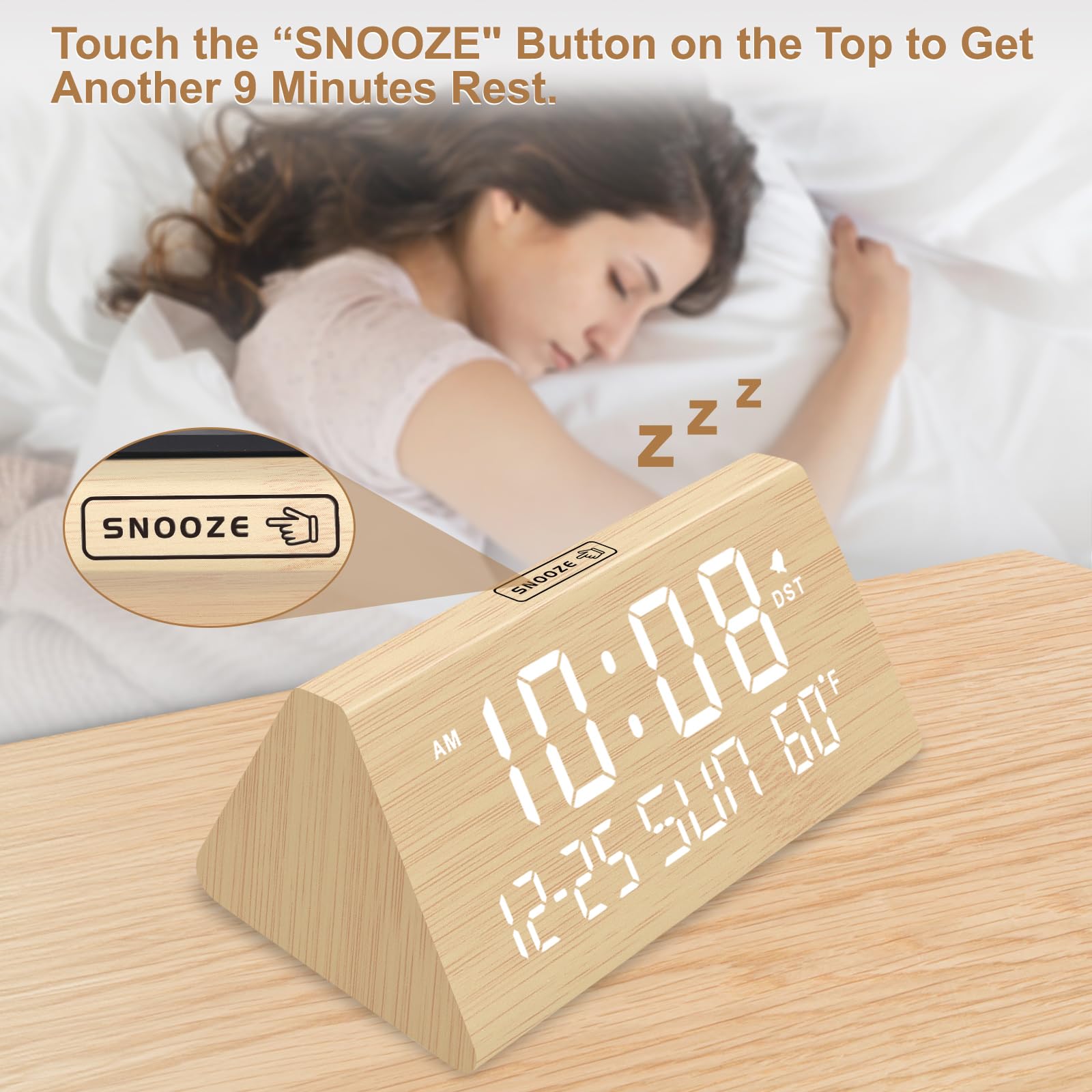 DreamSky wooden alarm clock shows temperature for a comfortable room setup.