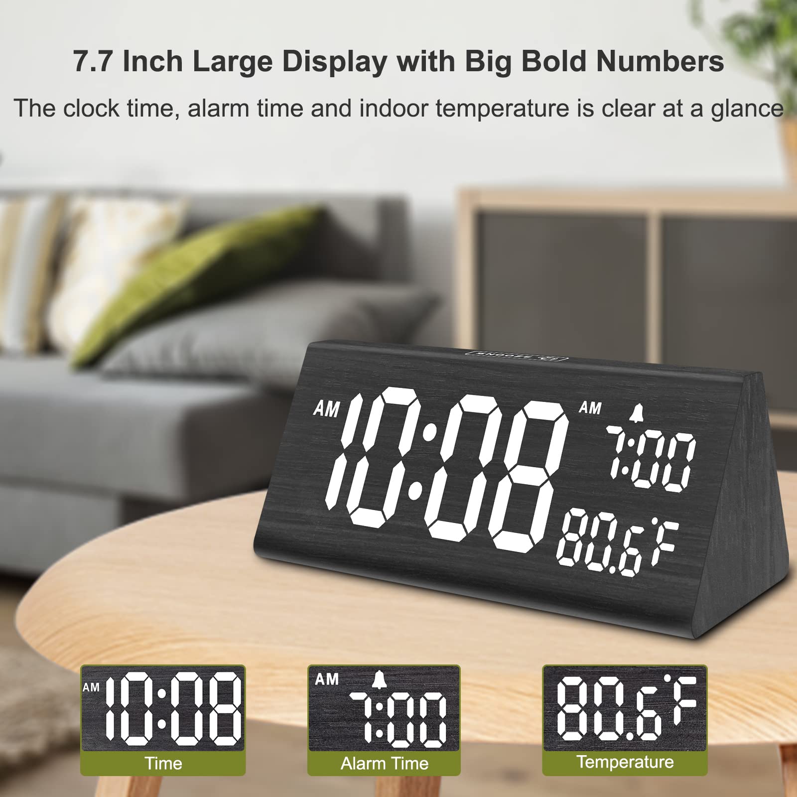 DreamSky wooden alarm clock with USB charging port keeps devices powered.