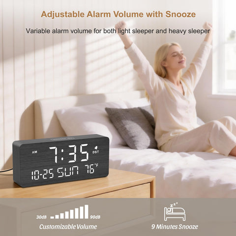 DreamSky wooden alarm clock USB port keeps devices charged overnight.