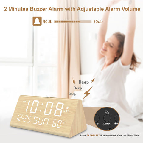 DreamSky wooden alarm clock USB port enables quick bedside charging.