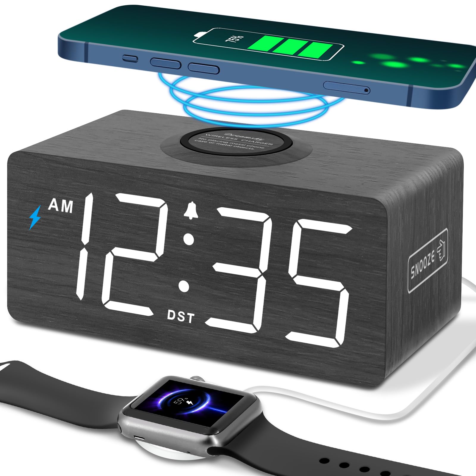 DreamSky wooden alarm clock with wireless charger on a nightstand keeps cables tidy.