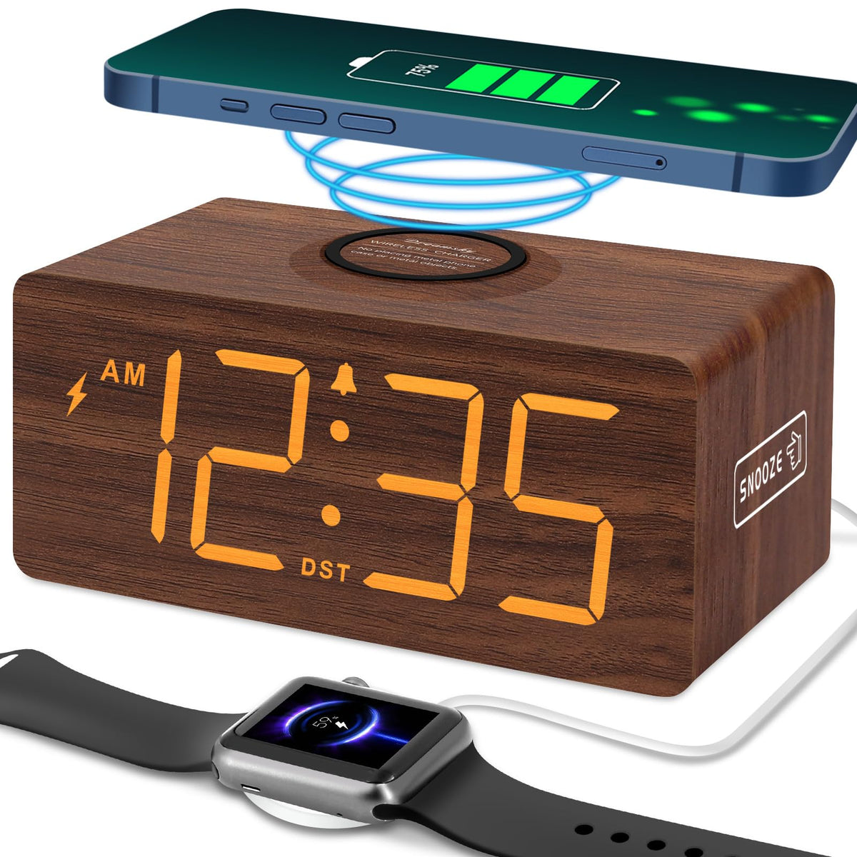 DreamSky wooden clock with wireless charging at bedside for clutter-free power.