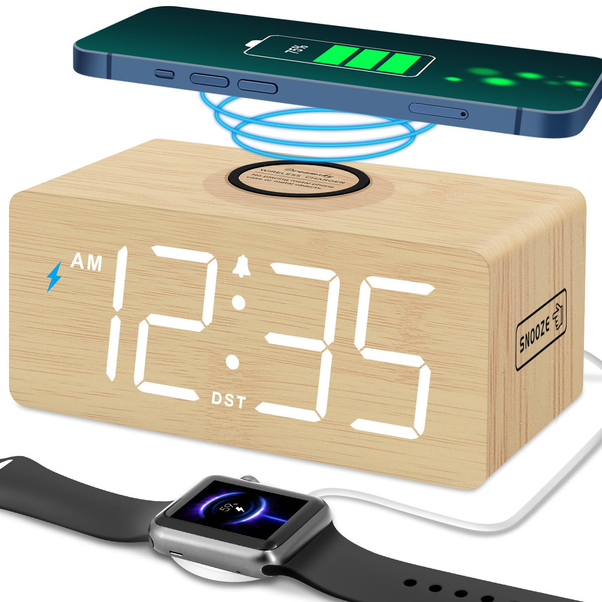 DreamSky wooden digital alarm clock featuring 10W wireless charger for convenient bedside charging.