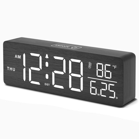 DreamSky wooden digital alarm clock with large display in a bedroom