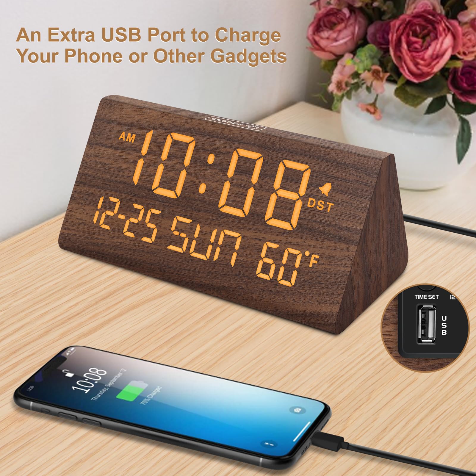 DreamSky wood clock brightness control reduces glare at night.