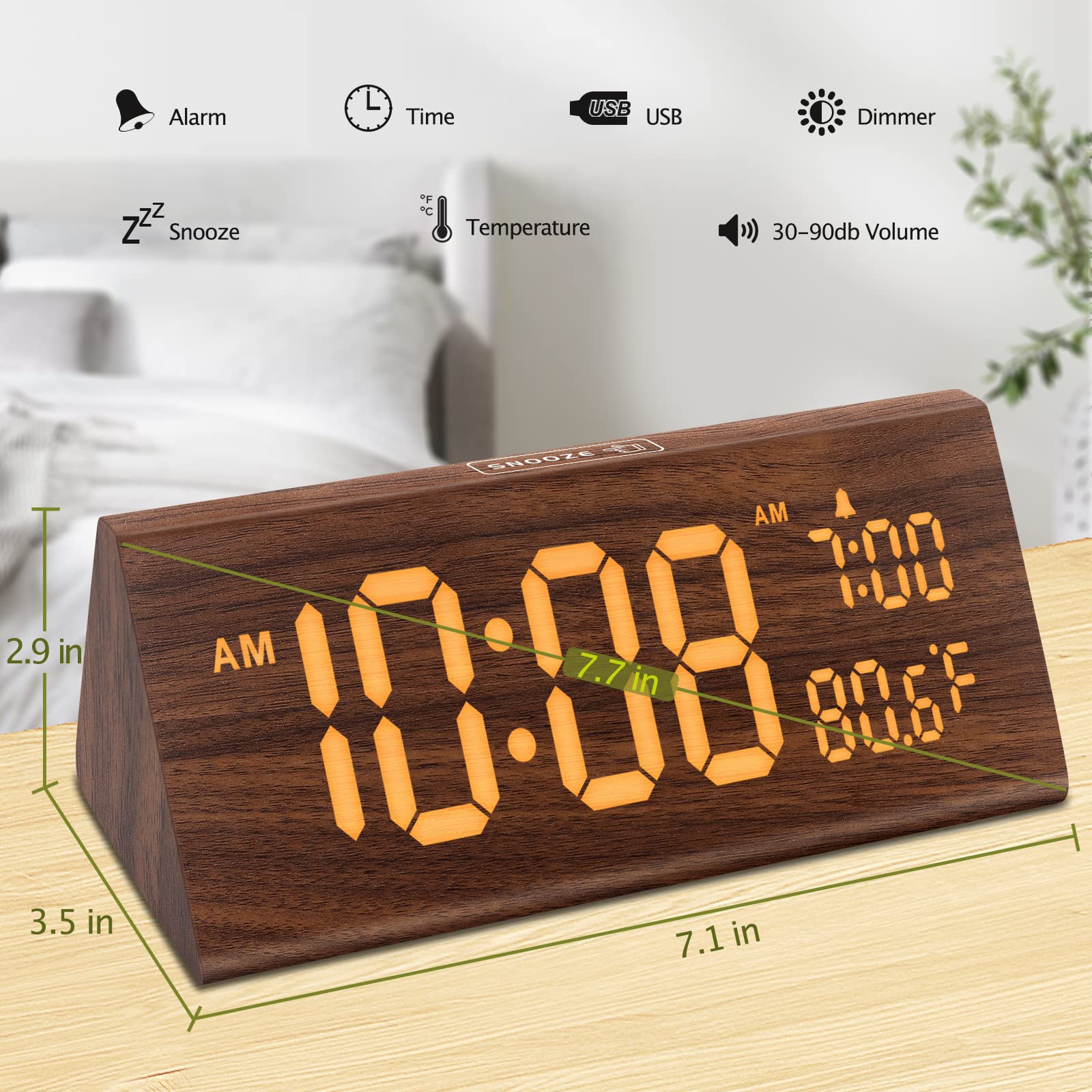 DreamSky wooden alarm clock compact size fits neatly on a nightstand.