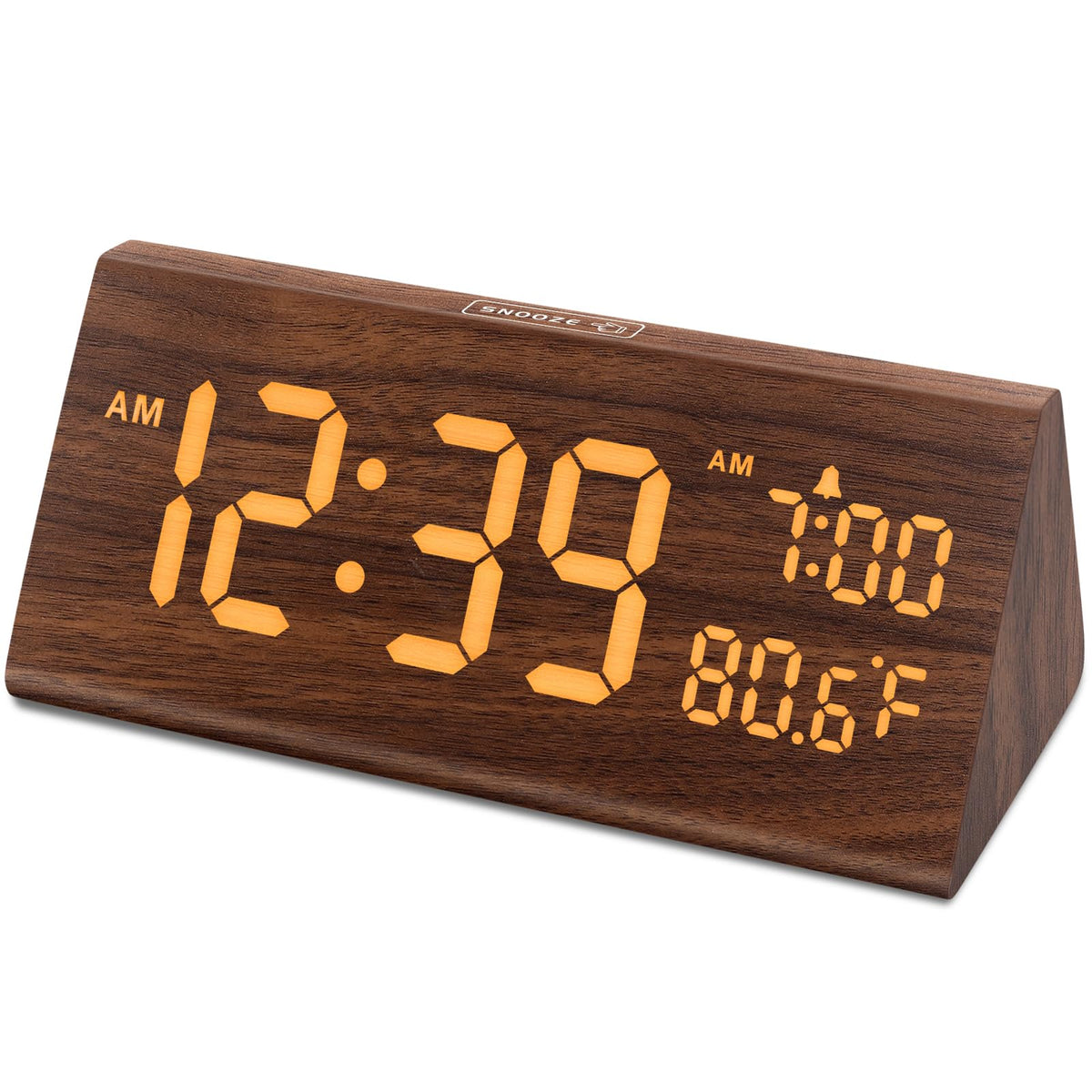 DreamSky wooden digital alarm clock front view with large bold numbers for easy reading at night.