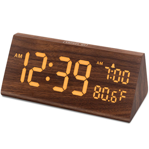 DreamSky wooden digital alarm clock front view with large bold numbers for easy reading at night.
