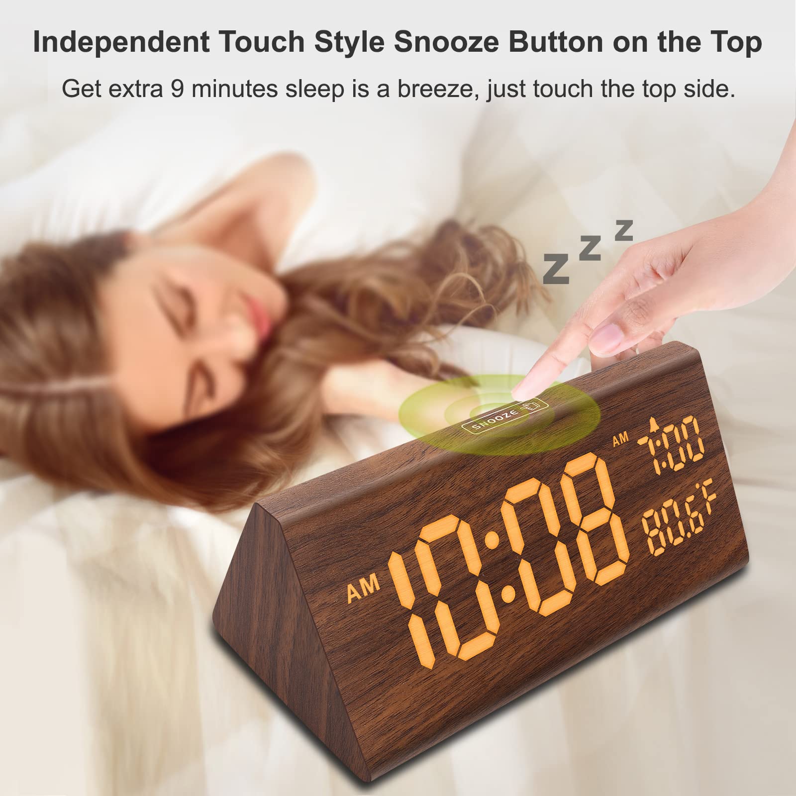 DreamSky wooden digital alarm clock large numbers displayed for quick glances.