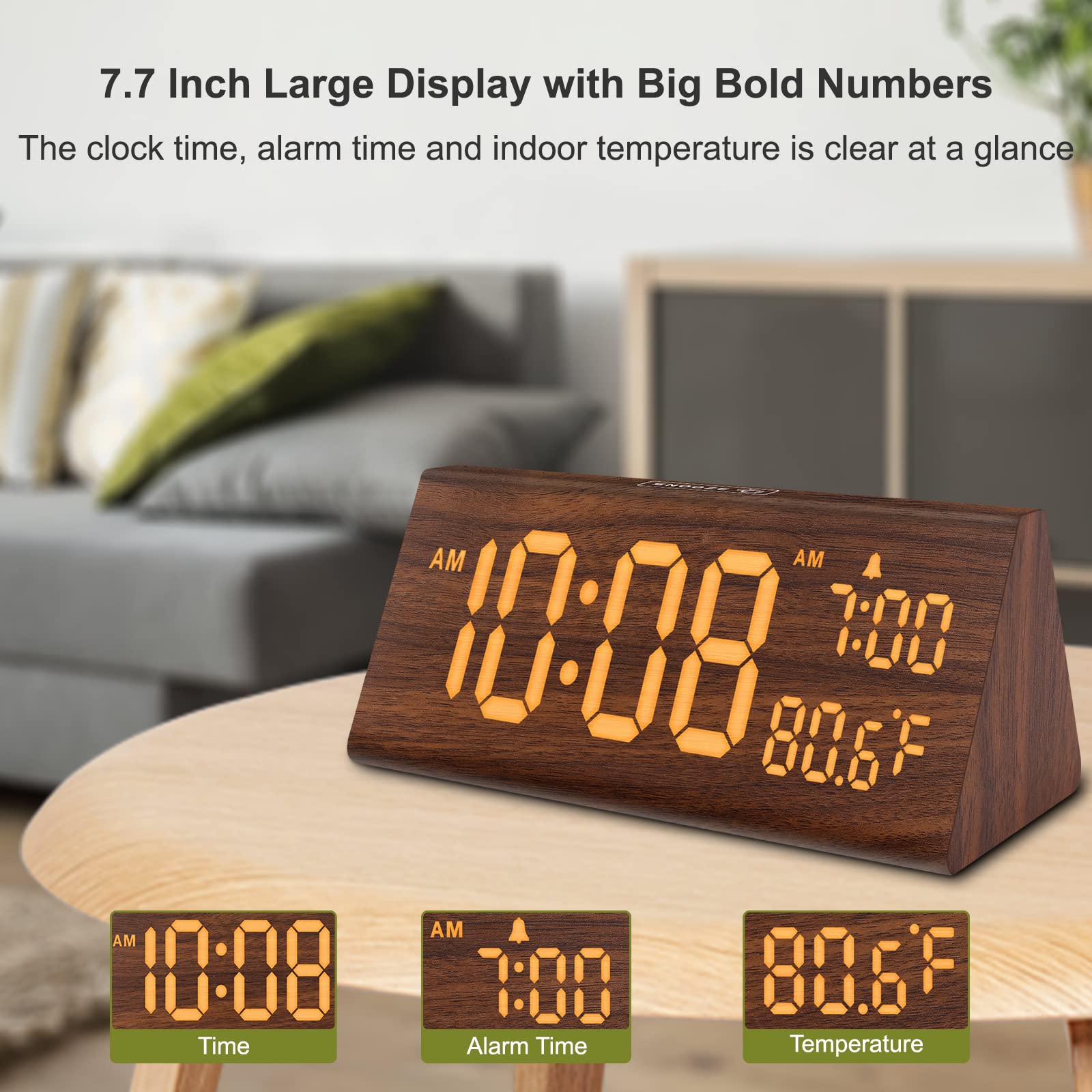 DreamSky wooden digital alarm clock side view showing compact bedside footprint.