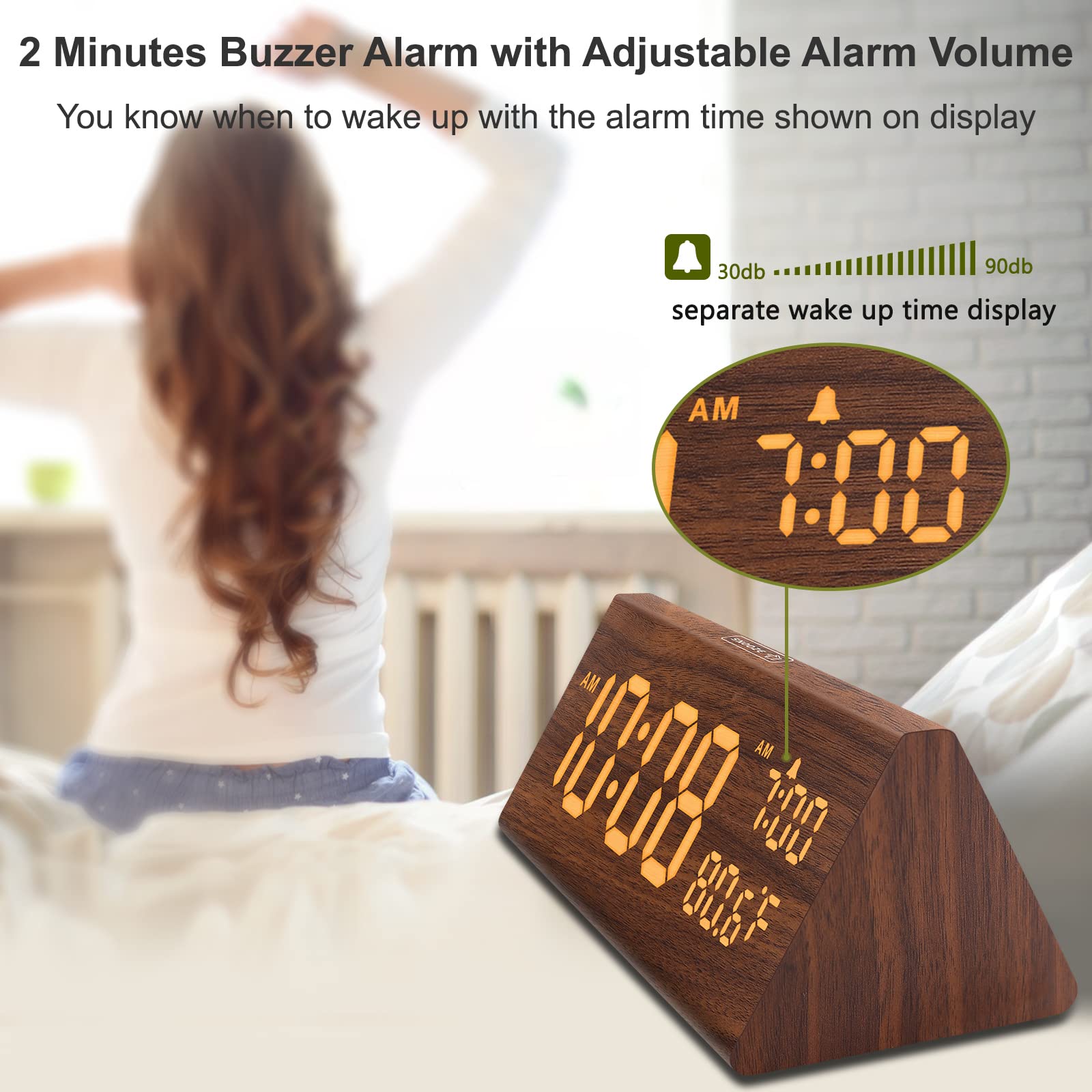 DreamSky wooden alarm clock snooze button accessible for nine-minute extra rest.