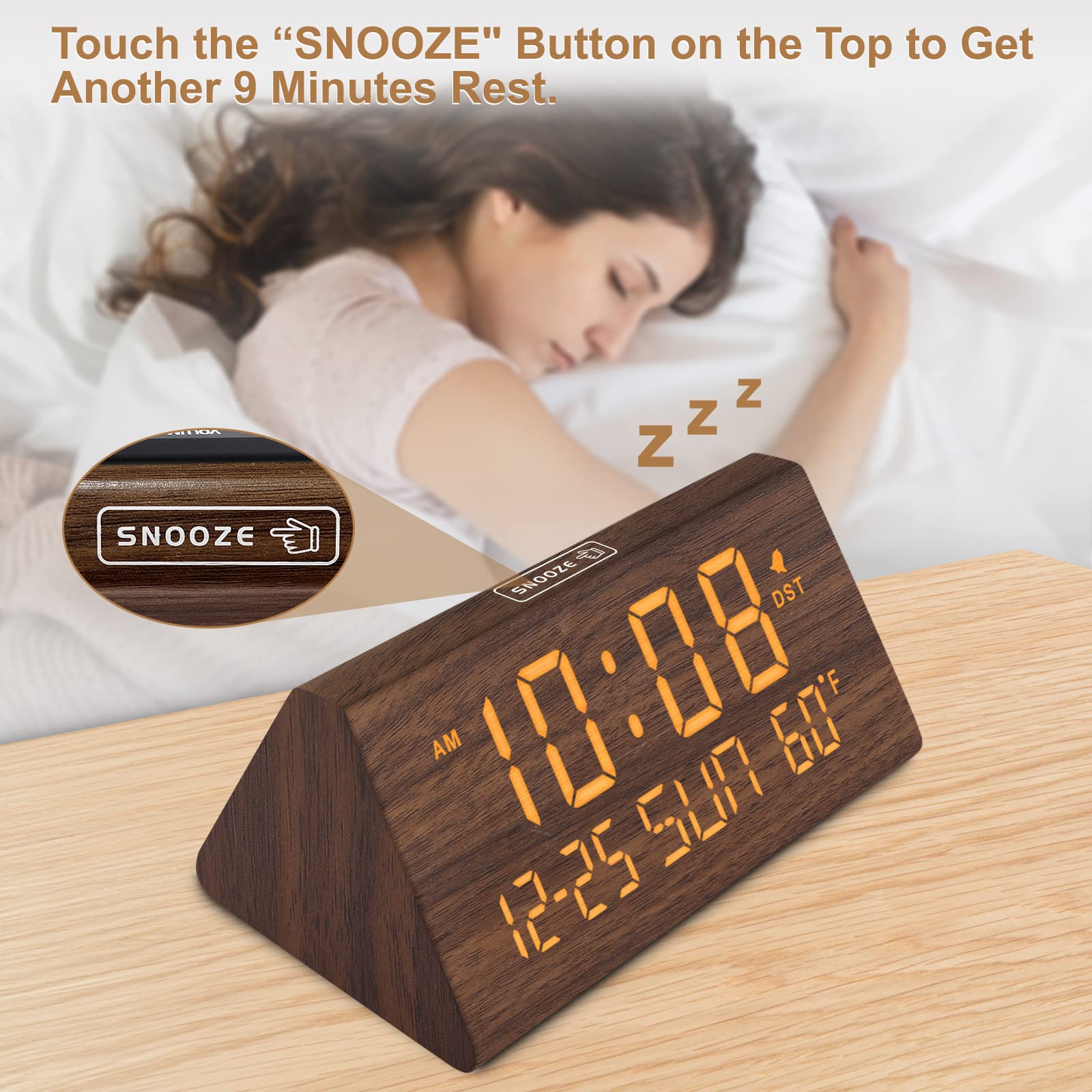 DreamSky wooden clock displays temperature for quick room comfort checks.