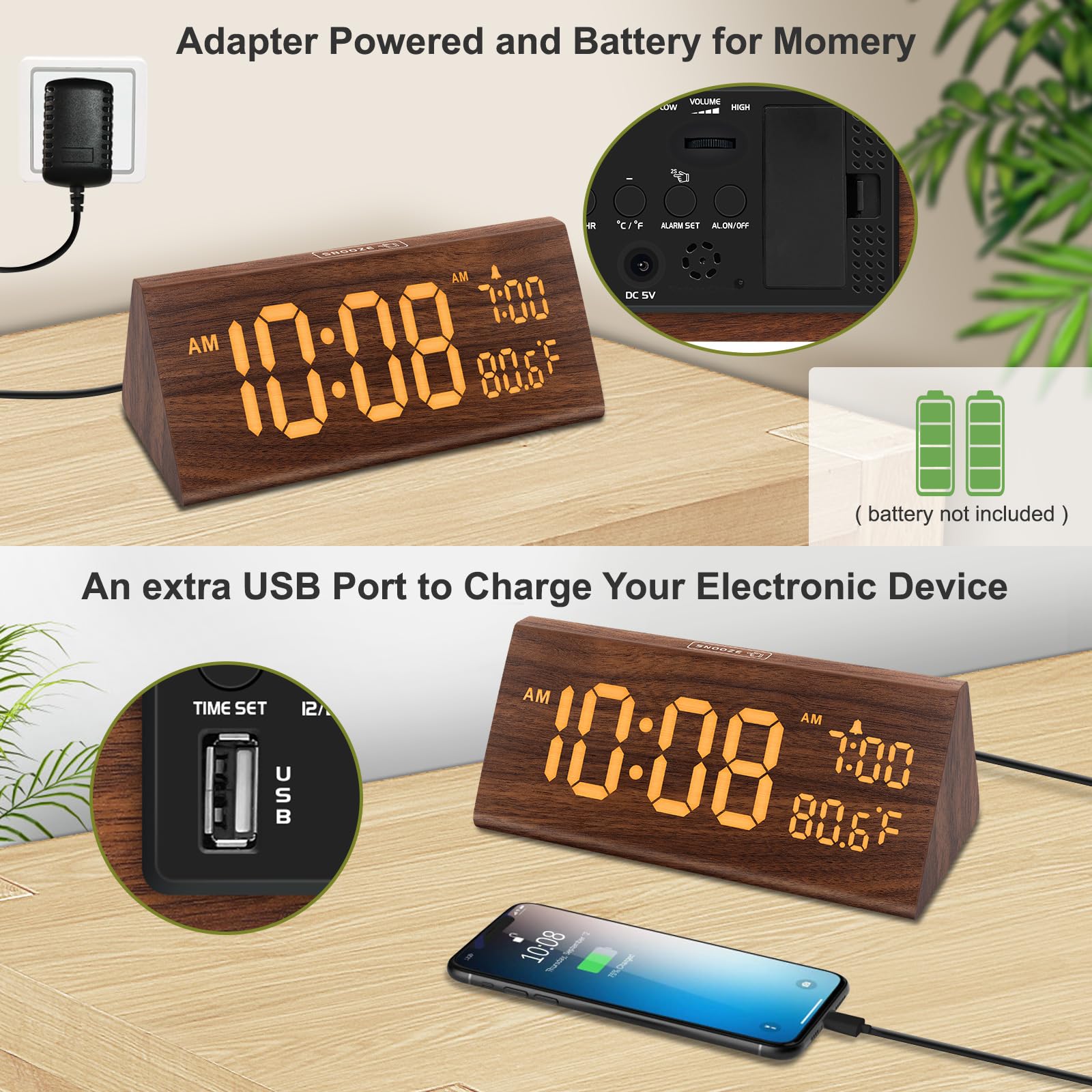 DreamSky wooden alarm clock with USB port for convenient device charging.