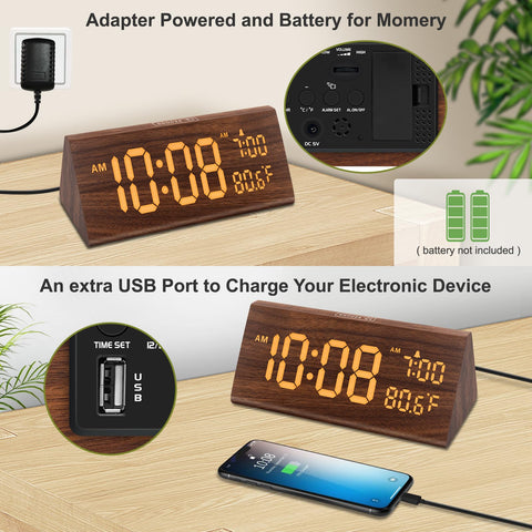 DreamSky wooden alarm clock with USB port for convenient device charging.