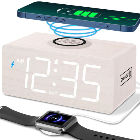 DreamSky wooden digital alarm clock on a bedside table with minimalist design.