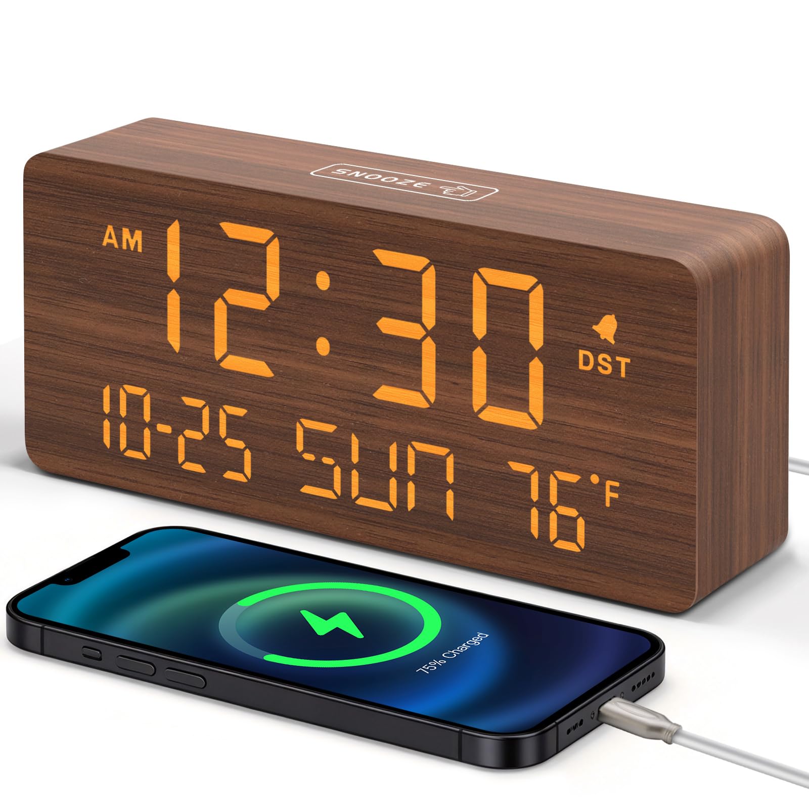 DreamSky wooden alarm clock with large numbers for easy reading from across the room.