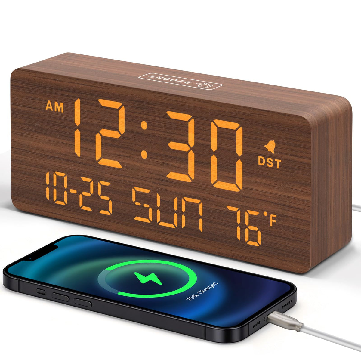 DreamSky wooden alarm clock with large numbers for easy reading from across the room.