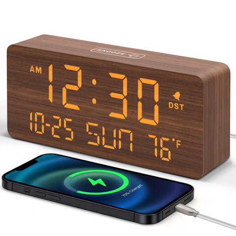 DreamSky wooden alarm clock with large numbers for easy reading from across the room.