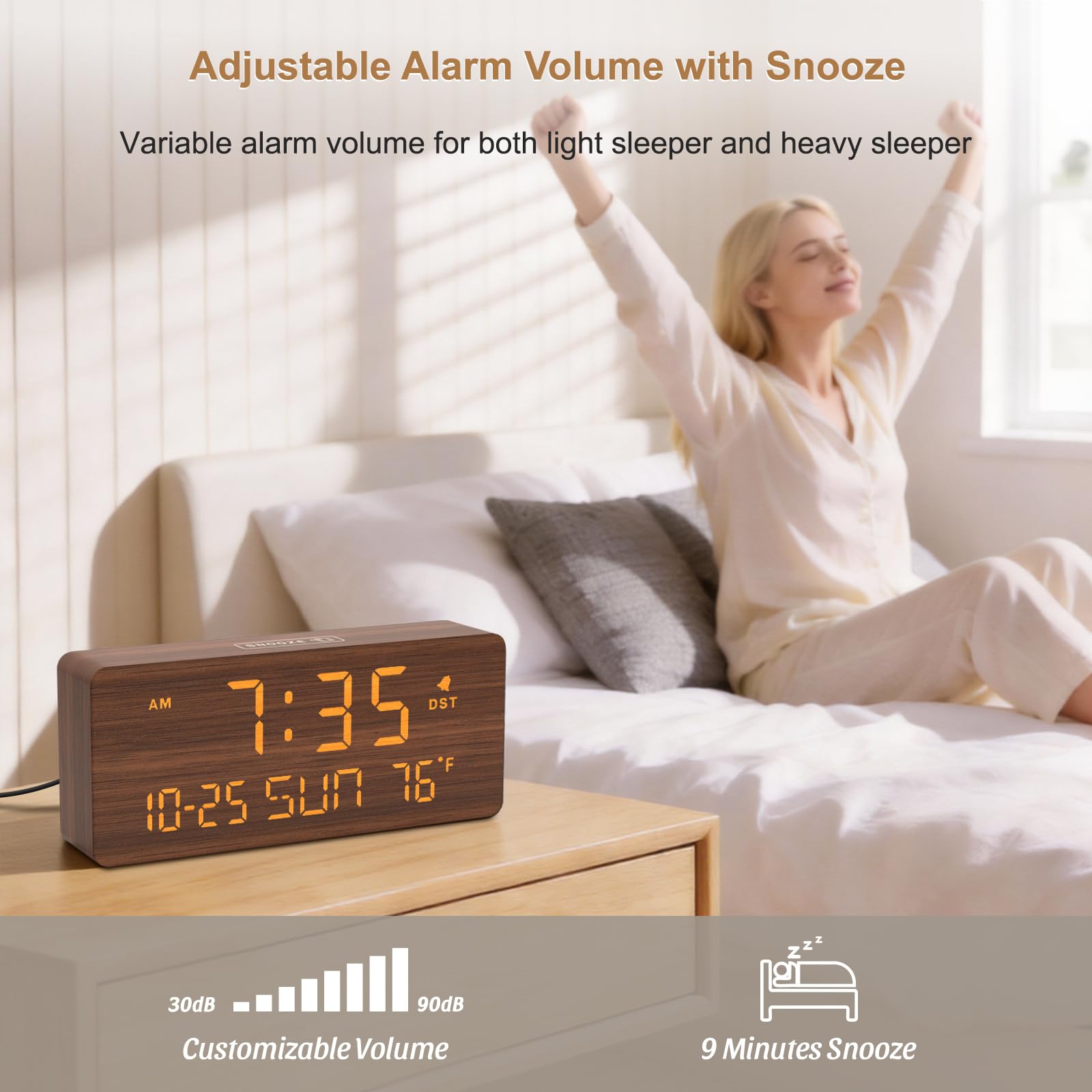 DreamSky wooden alarm clock featuring USB charging port for convenient device charging.