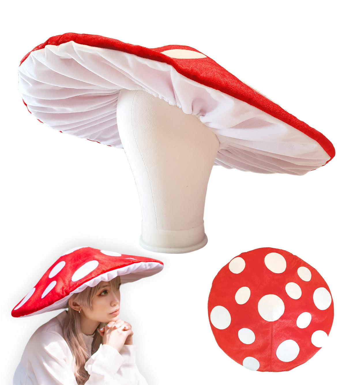 Dreamstall mushroom hat, oversized red cosplay accessory with wired brim for cosplay and photoshoots