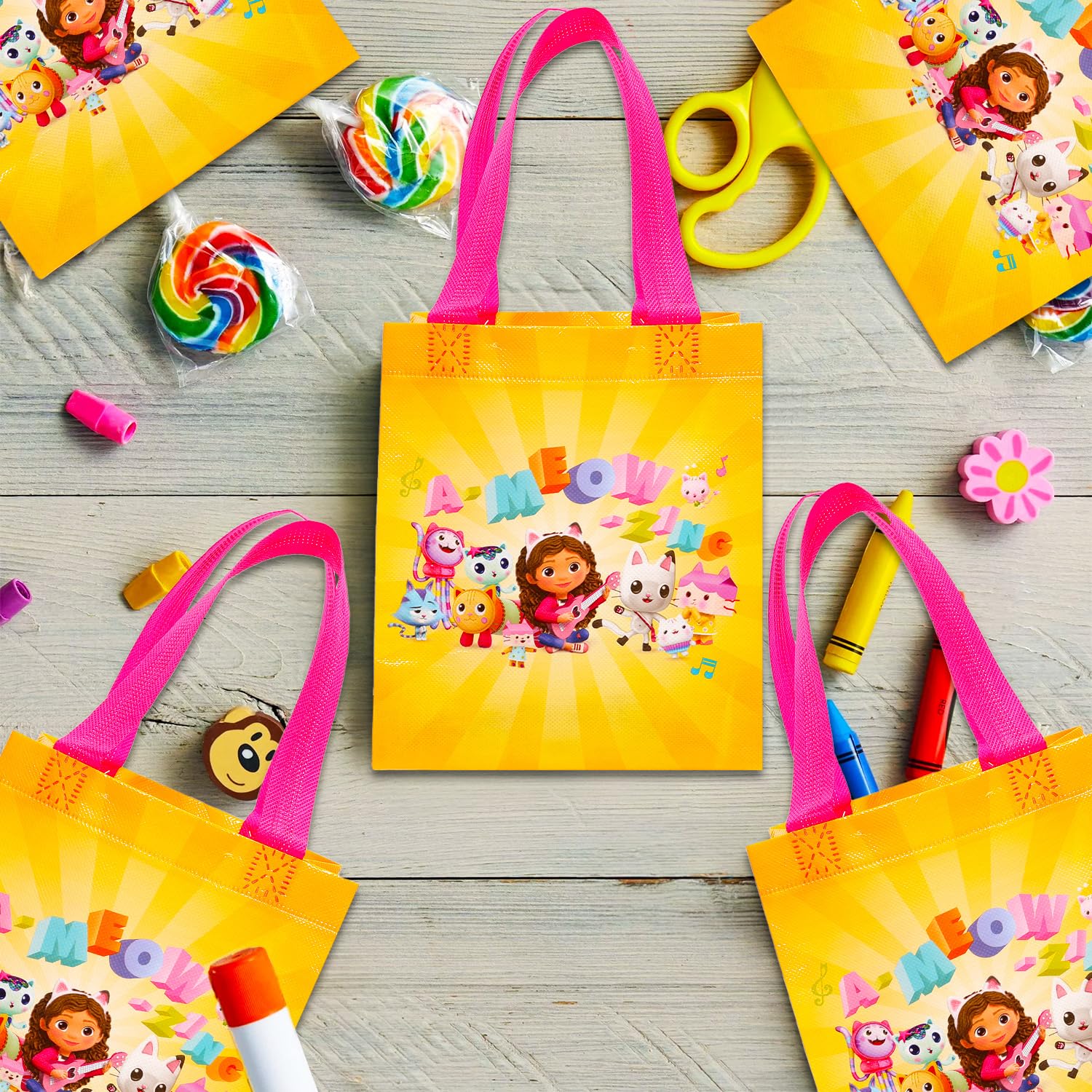 DreamWorks Gabby's Dollhouse tote bags – artwork closeup showing colorful characters.