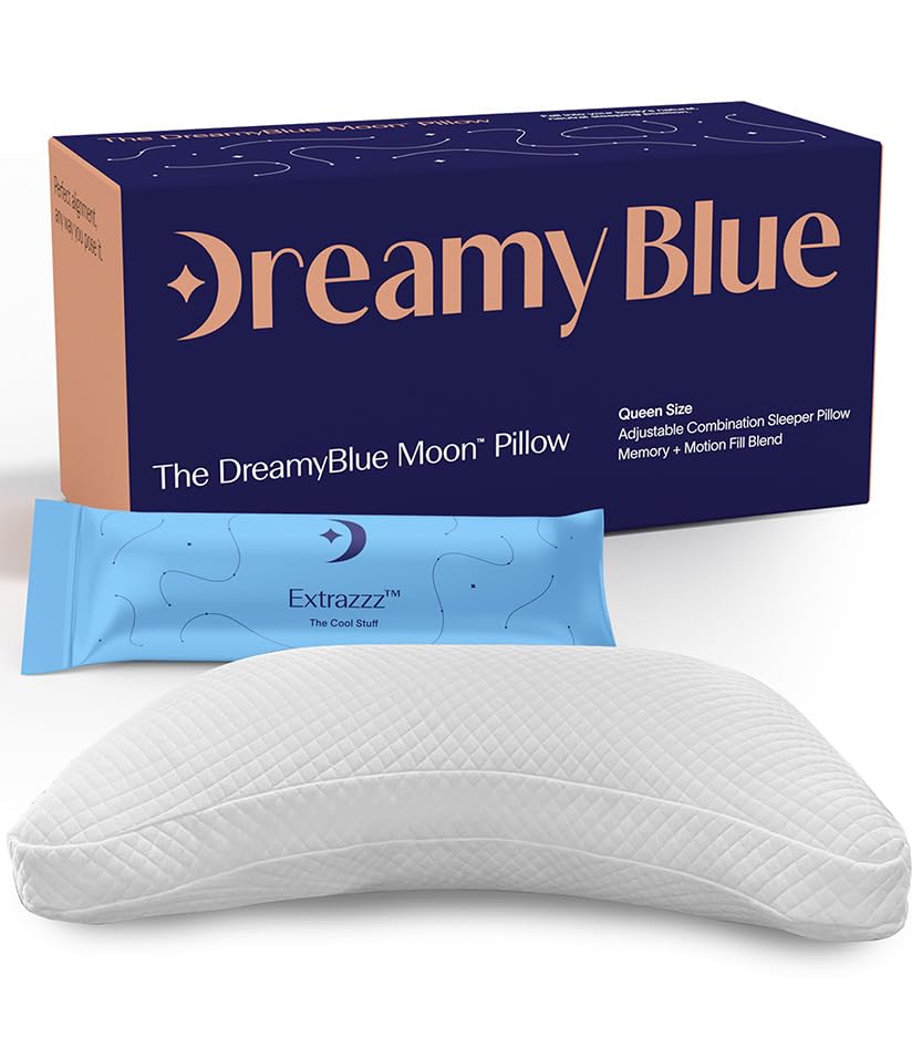 DreamyBlue Moon Pillow with adjustable loft for personalized neck support, ideal for back or side sleepers.