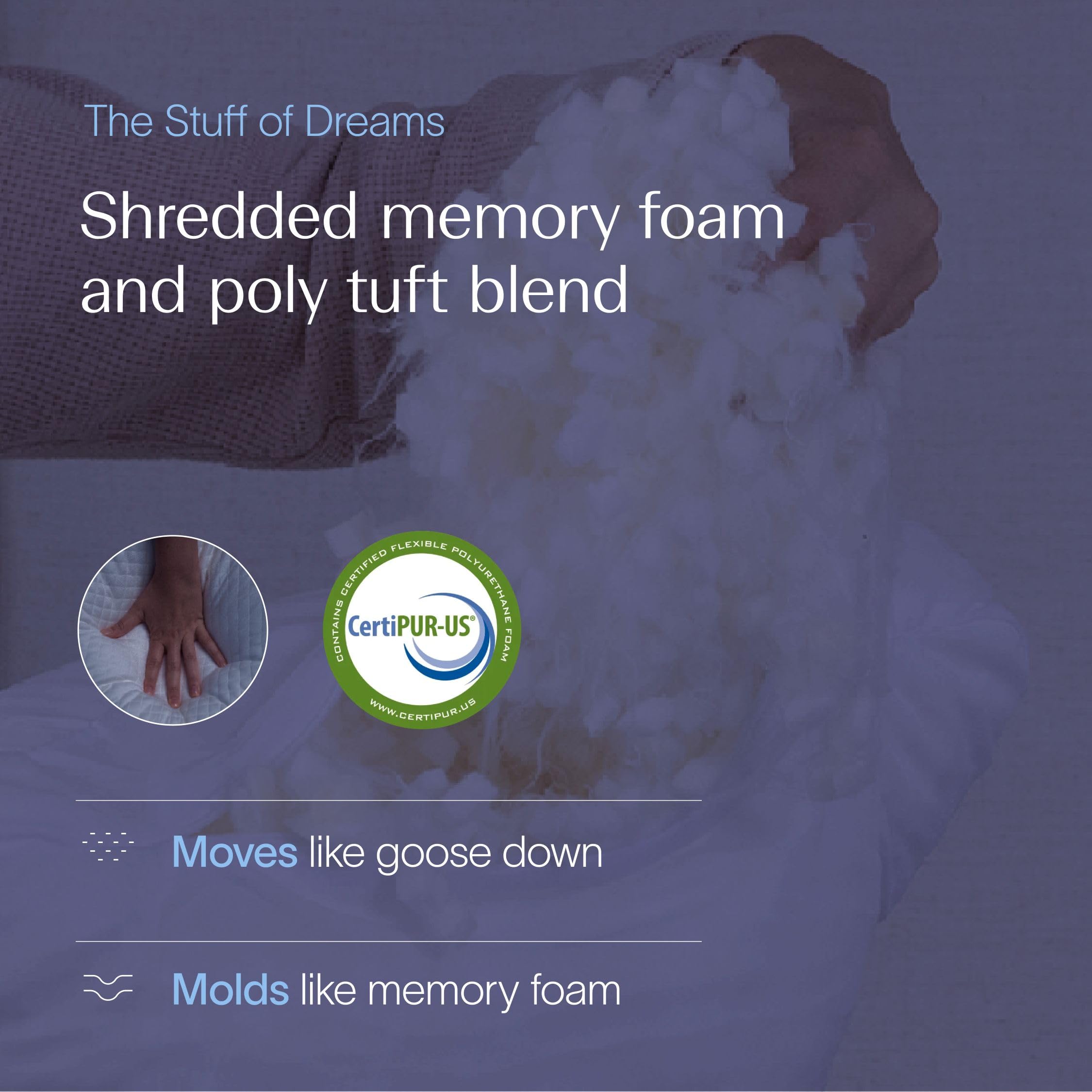 DreamyBlue Moon Pillow shredded memory foam blend supports your neck and shoulders.