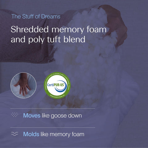 DreamyBlue Moon Pillow shredded memory foam blend supports your neck and shoulders.