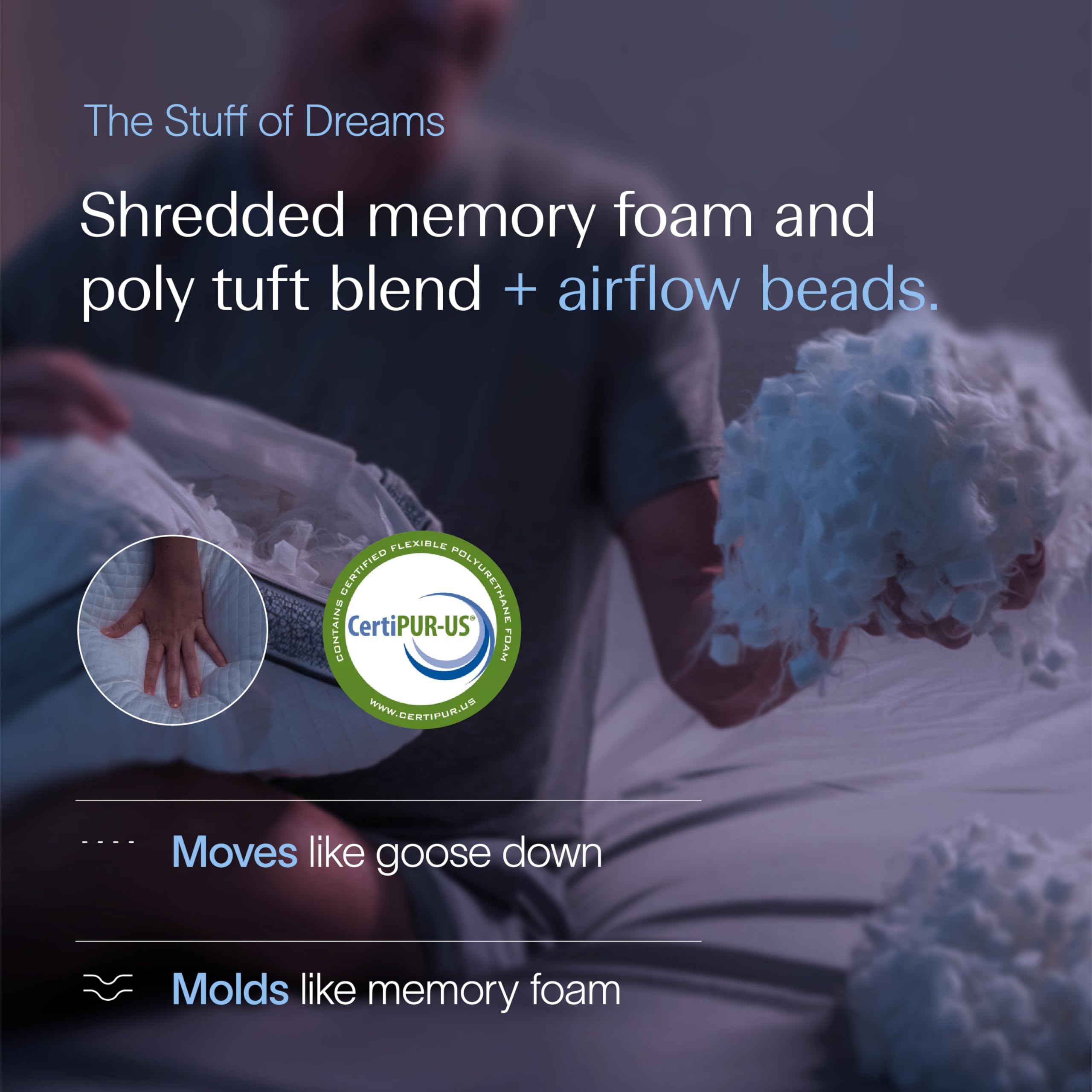 DreamyBlue Sapphire Pillow being adjusted via zipper for customizable loft.