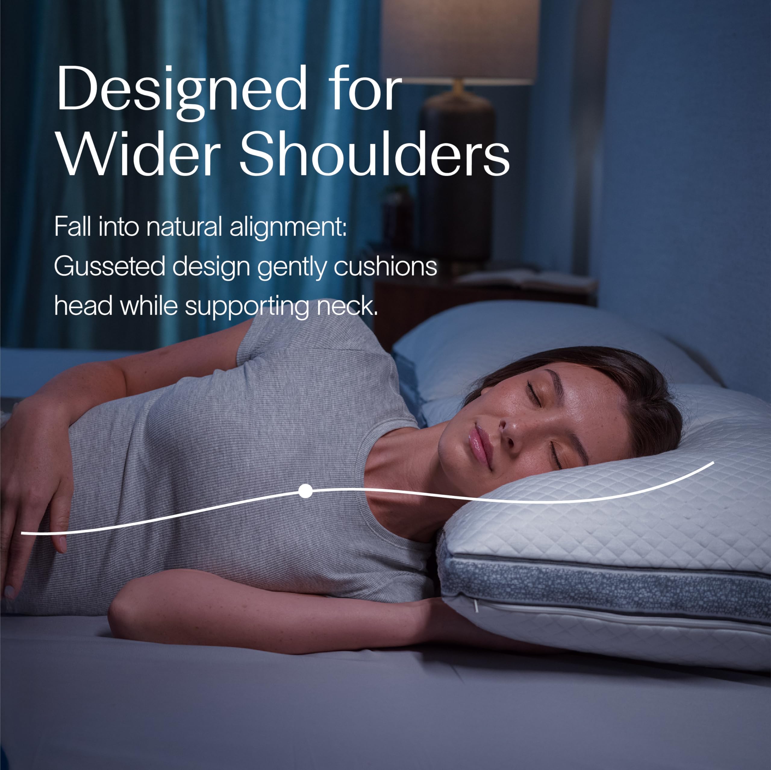 DreamyBlue Sapphire Pillow highlights side sleeper with wide shoulder support.