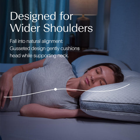 DreamyBlue Sapphire Pillow highlights side sleeper with wide shoulder support.