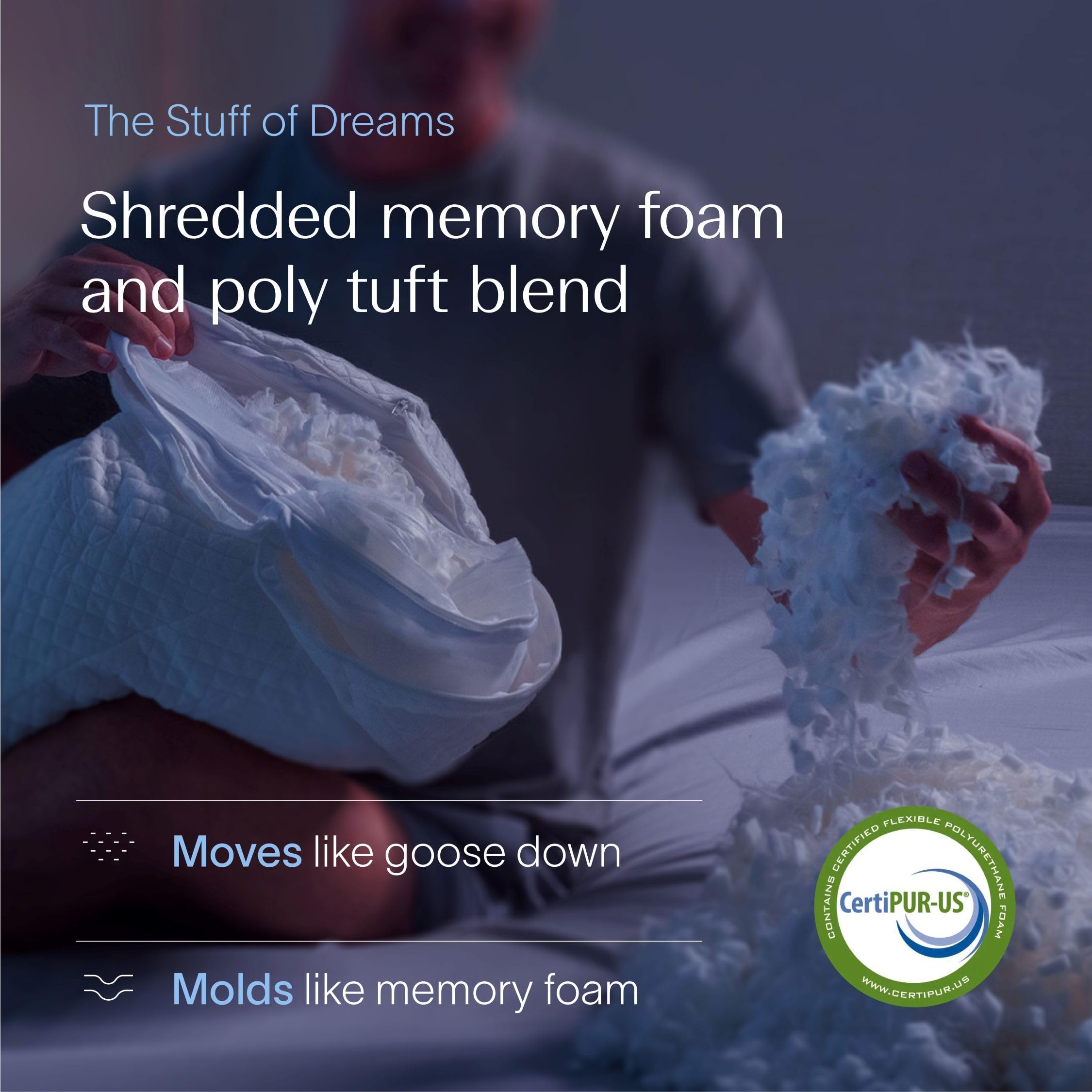 DreamyBlue Signature Pillow with shredded memory foam fill contours to neck and shoulders.