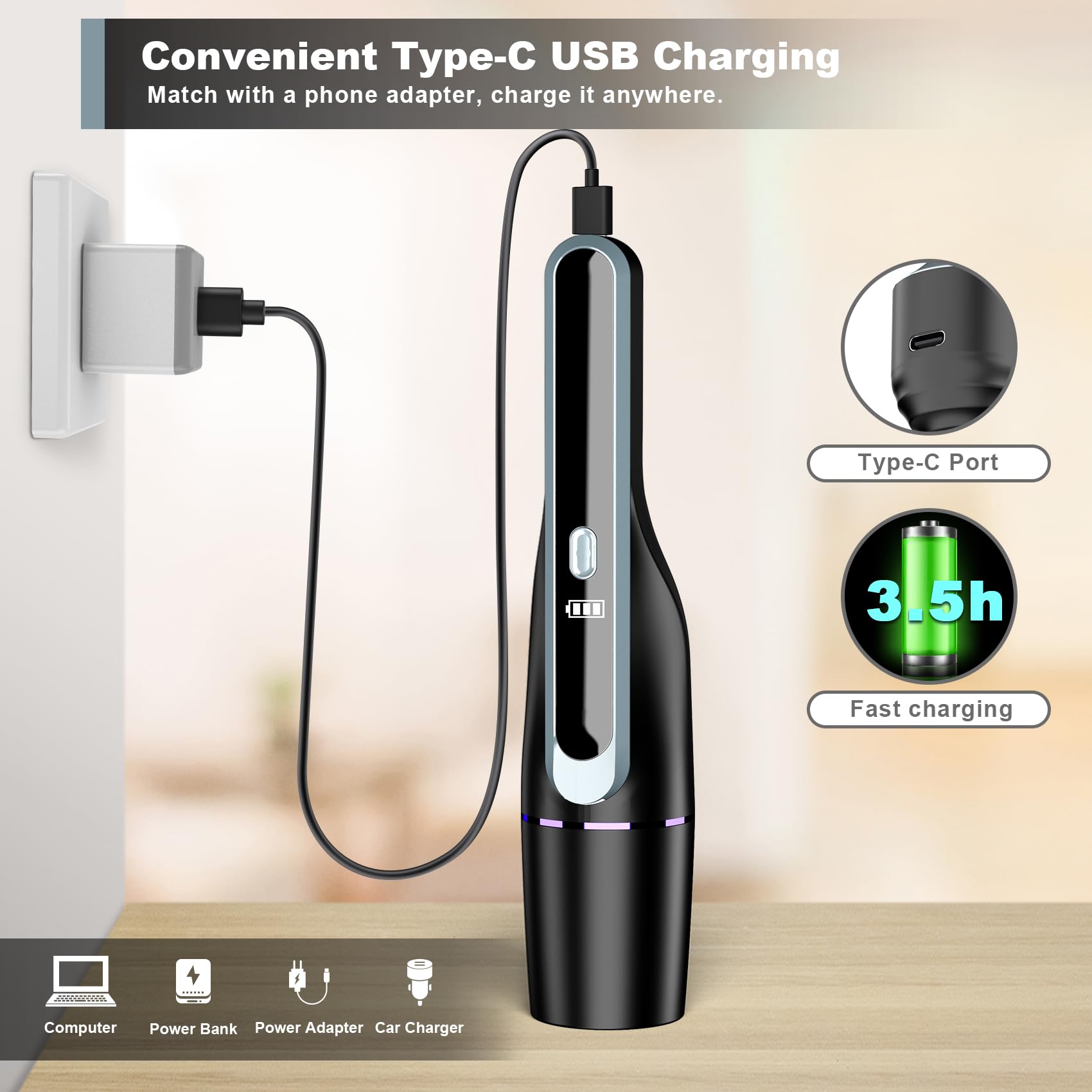 DRECELL USB-C fast charging keeps the vacuum ready on the go