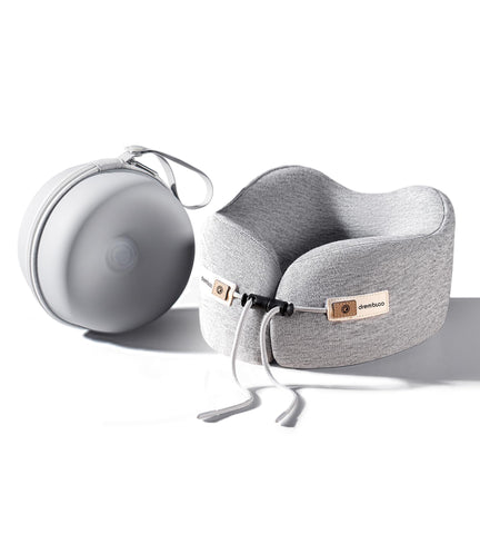 Drembloo neck pillow with strap-case for quick backpack attachment.