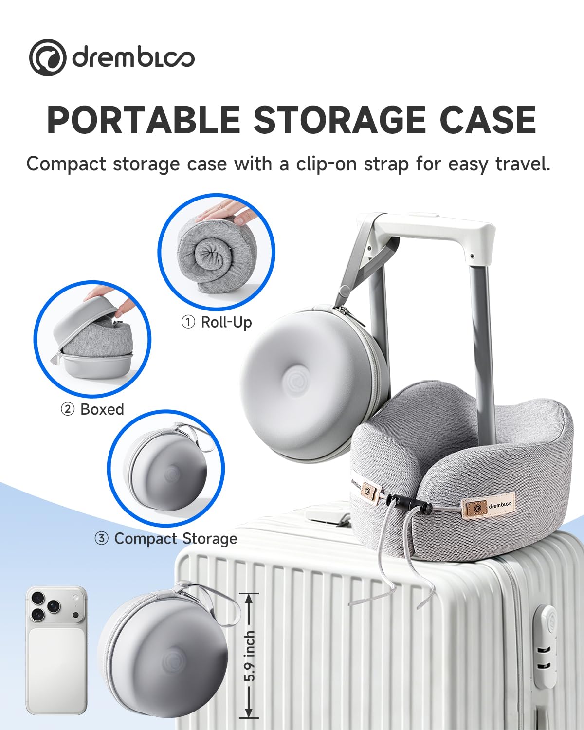 Drembloo neck pillow with ergonomic 360-wrap design supports head.