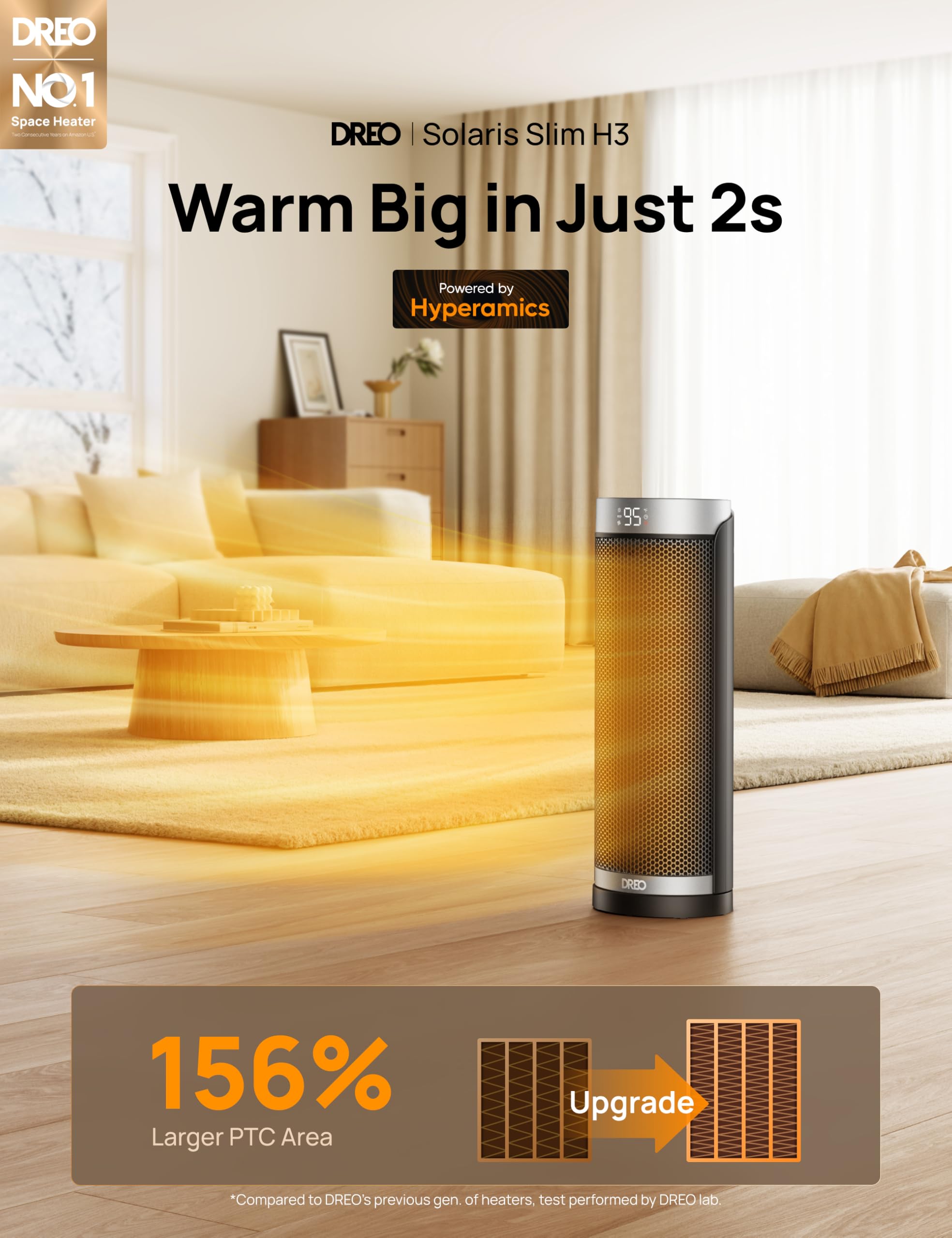 Dreo 1500W fast-heating heater warms spaces quickly.