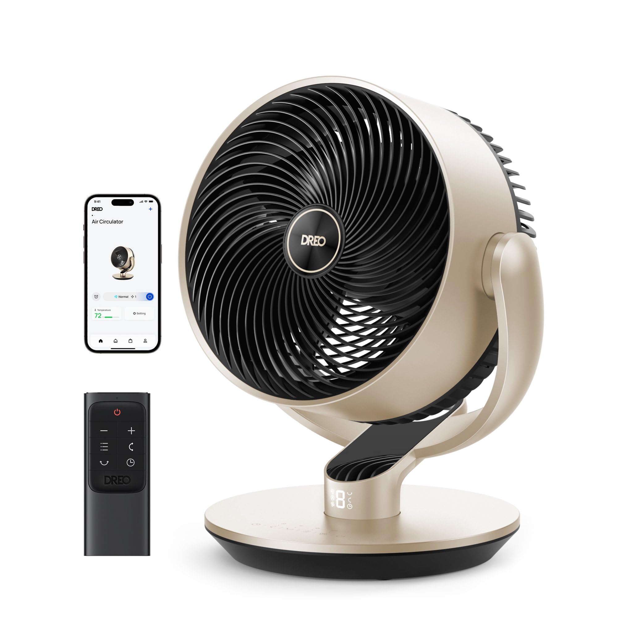 DREO 16-inch stand fan front view showing strong airflow for bedrooms.