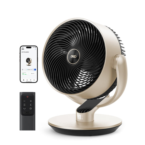 DREO 16-inch stand fan front view showing strong airflow for bedrooms.