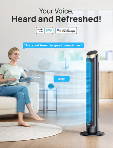 DREO 40-inch WiFi Tower Fan airflow up to 26 ft/s for powerful cooling.