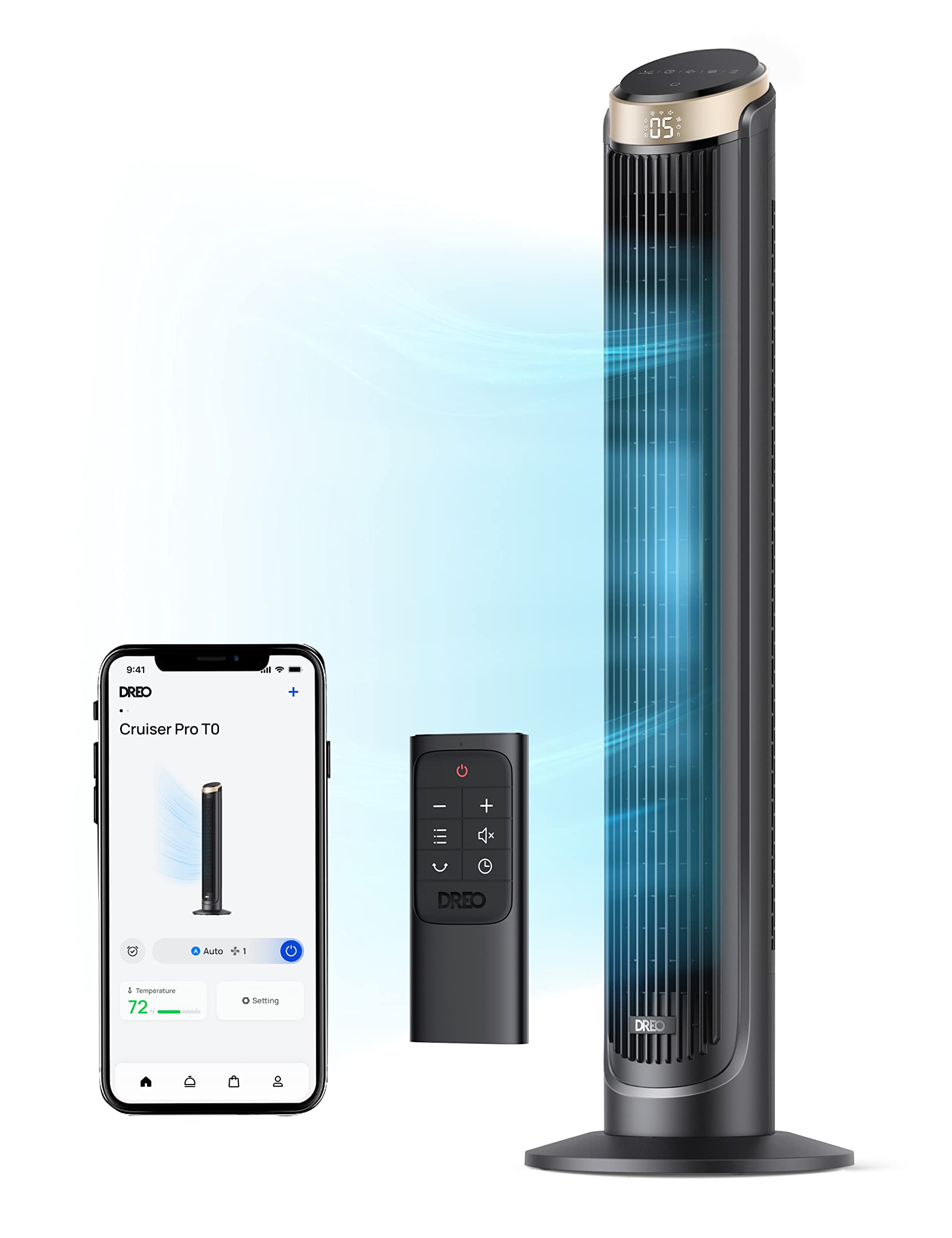 DREO 40-inch WiFi Tower Fan front view for fast, even cooling.