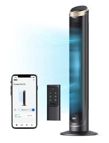 DREO 40-inch WiFi Tower Fan front view for fast, even cooling.